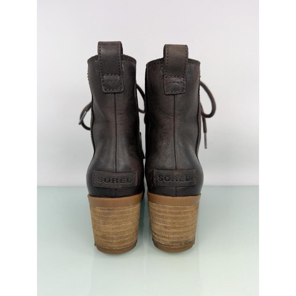Sorel Cate Lace Bootie Dark Brown Leather Ankle Boots Block Heel Sz 6 Heritage - Picture 3 of 9